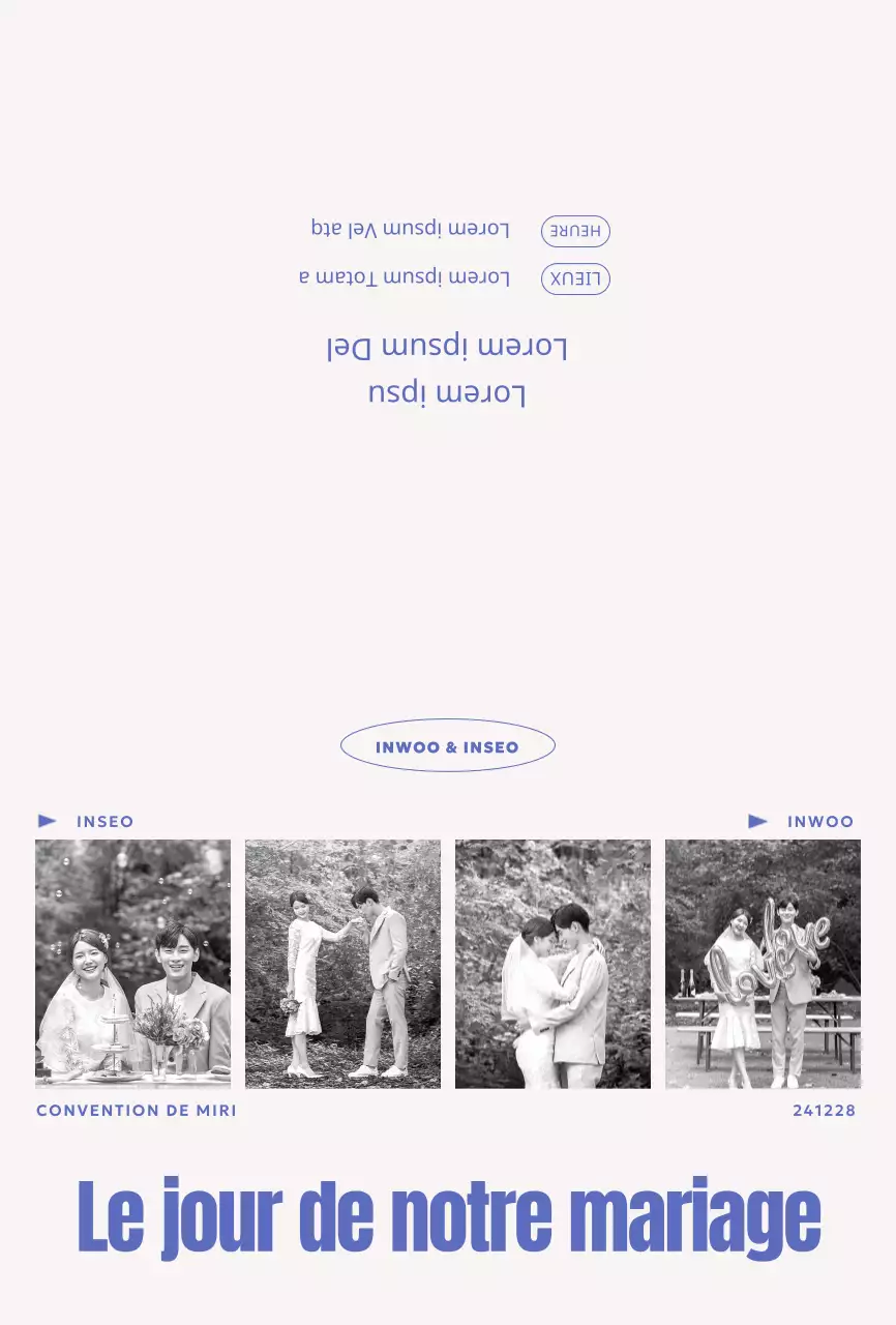 Une invitation avec un concept de photo en noir et blanc, découpée en quatre, dans une police de caractères épurée.
