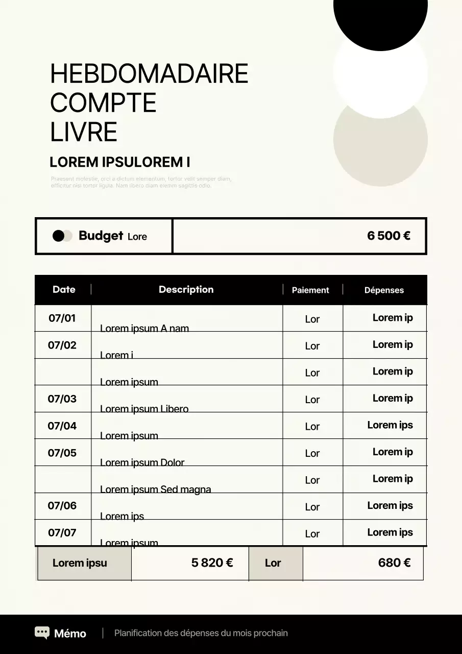 Planificateur de budget hebdomadaire moderne en ivoire et noir