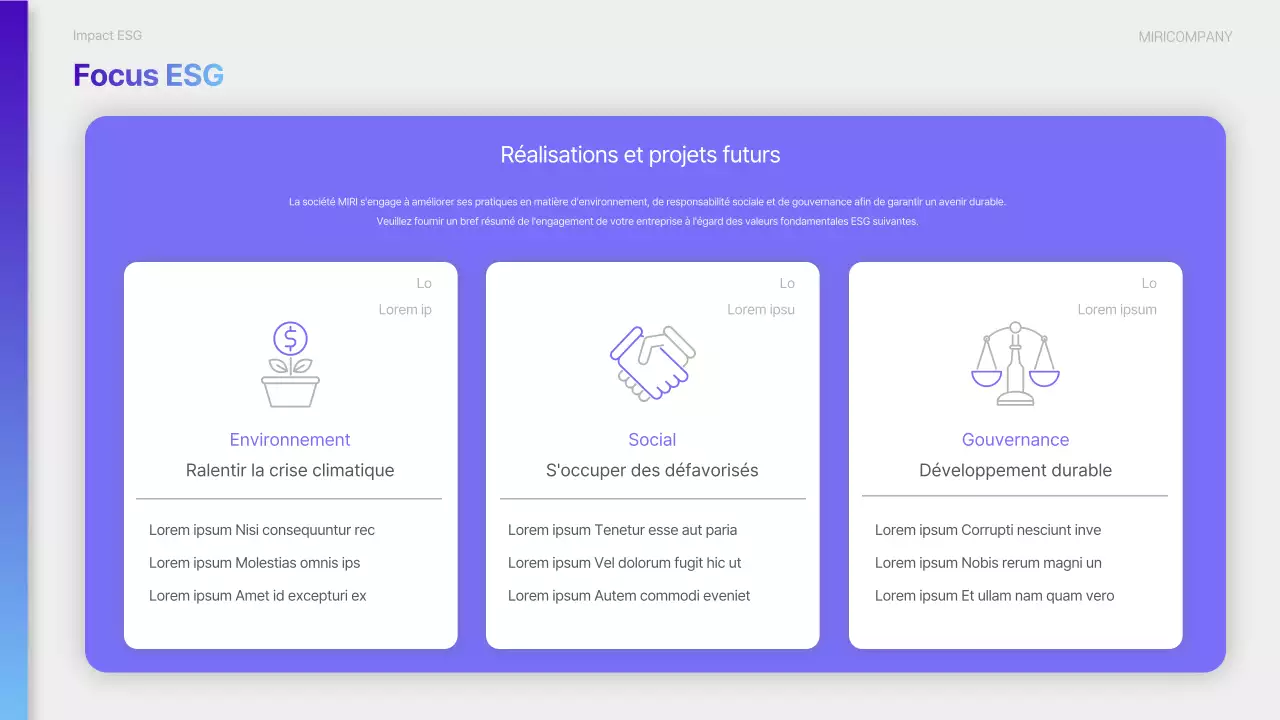 Un rapport de durabilité ESG moderne en violet et bleu clair