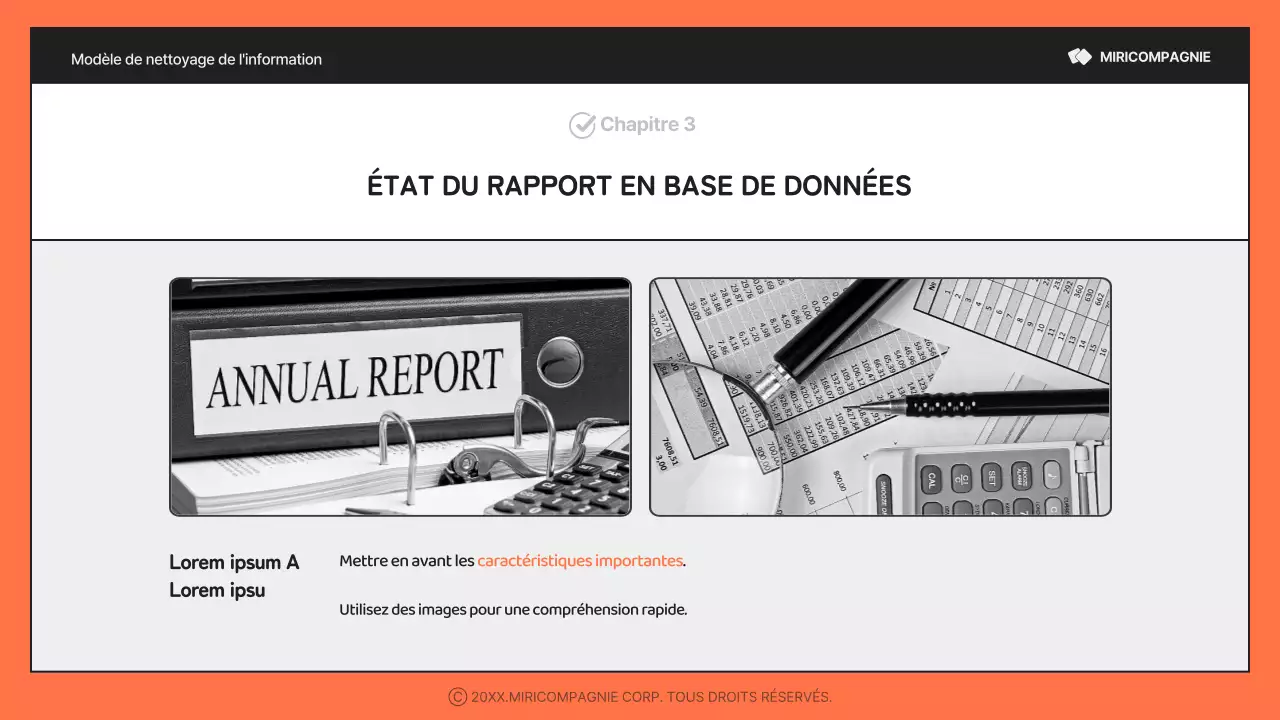 Un rapport simple, orange et noir, riche en informations