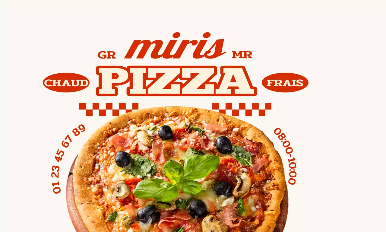 Une pizzeria avec des textes et des motifs d'inspiration rétro