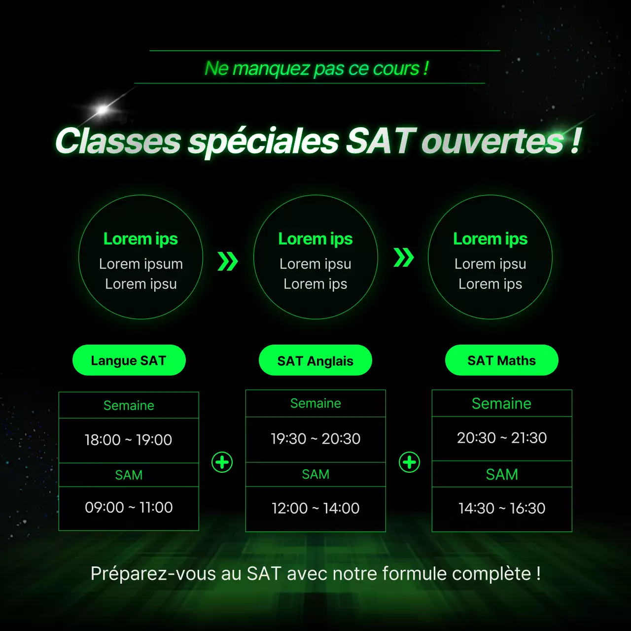 Promotion d'une école secondaire préparant au SAT, en couleurs fluo et dans un style cybernétique.