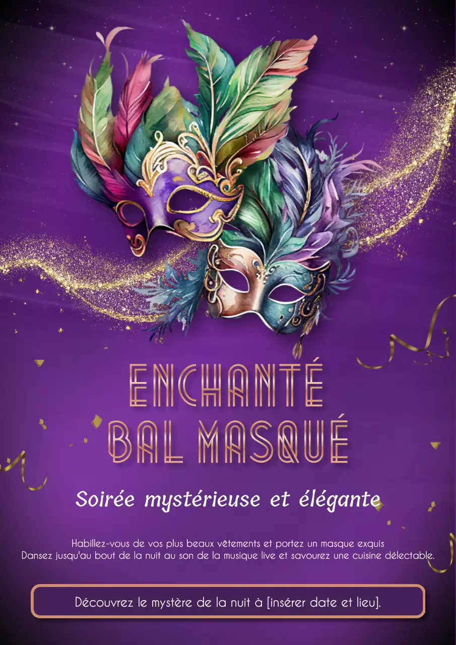 Invitation à un bal masqué élégant pourpre et or