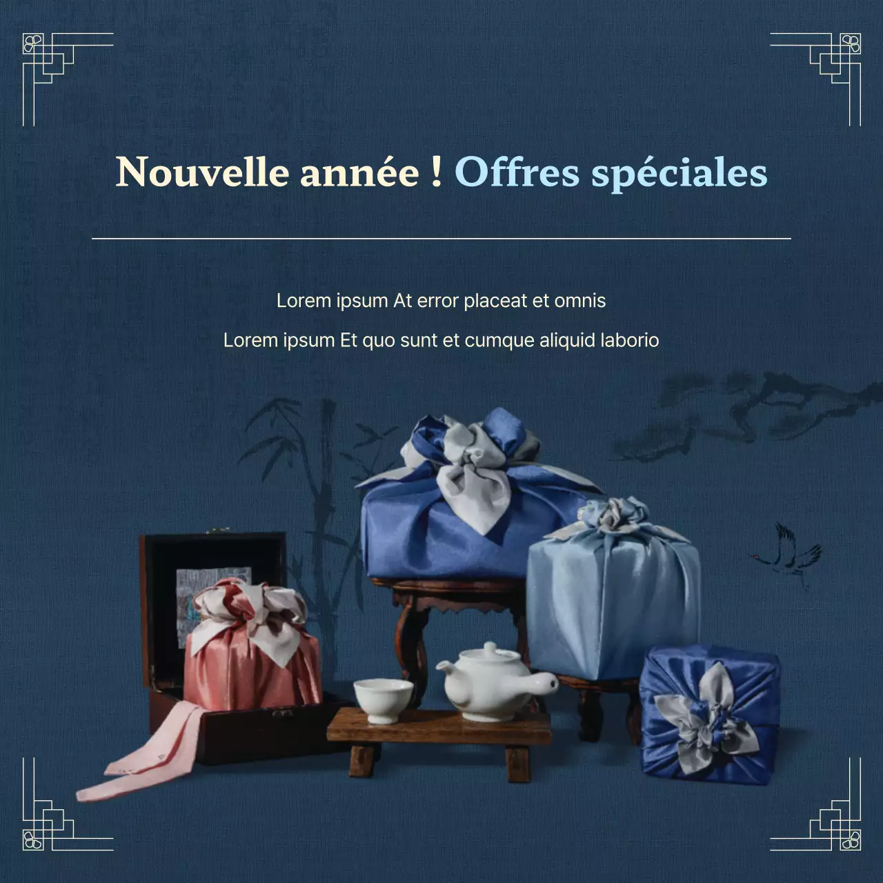 Annonce d'une offre luxueuse pour le Nouvel An chinois en bleu marine et ivoire