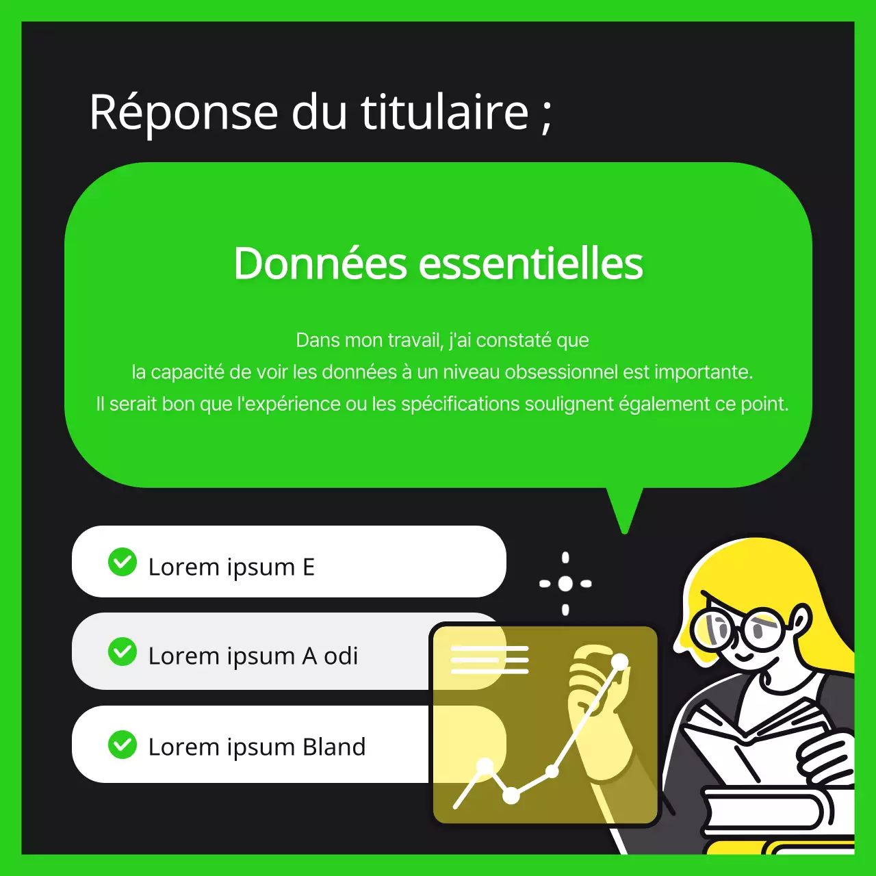 Informations sur l'entretien avec le titulaire dans le style branché du vert citron et du noir