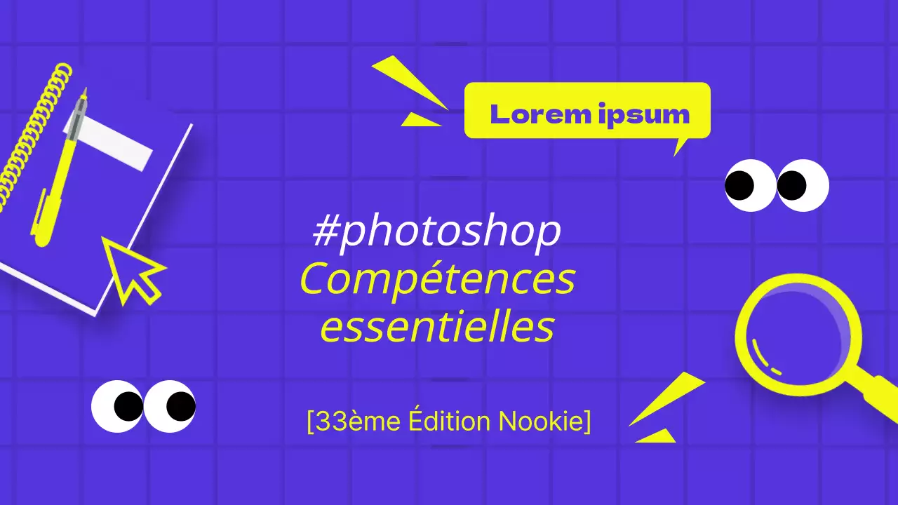 Une couverture de cours Photoshop pop-artistique en violet et jaune