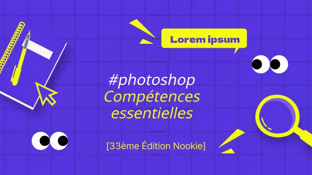 Une couverture de cours Photoshop pop-artistique en violet et jaune