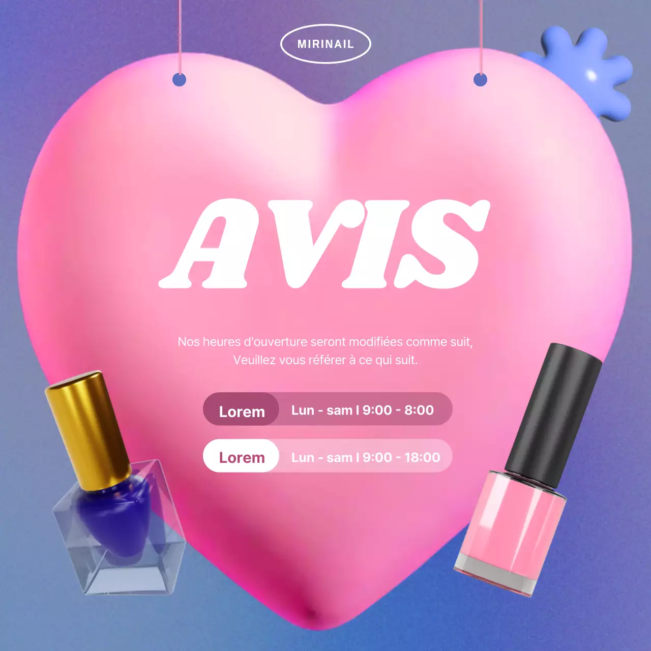 Un salon de manucure kitsch violet et rose annonce ses heures d'ouverture