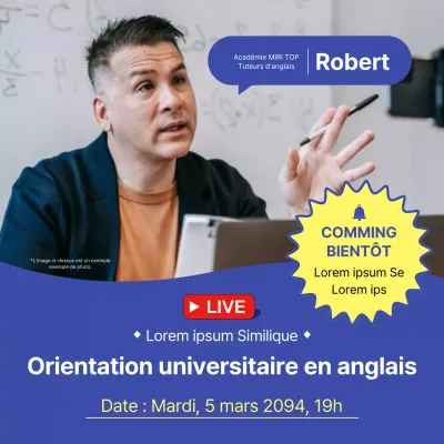 Promouvoir l'annonce en direct de la séance d'information sur l'enseignement de l'anglais simple en bleu et en jaune