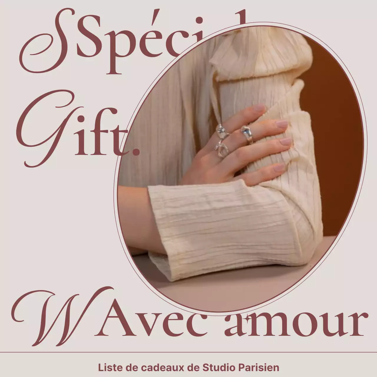 Une publicité vendant un lookbook d'accessoires de bijoux tendance en rose et marron.