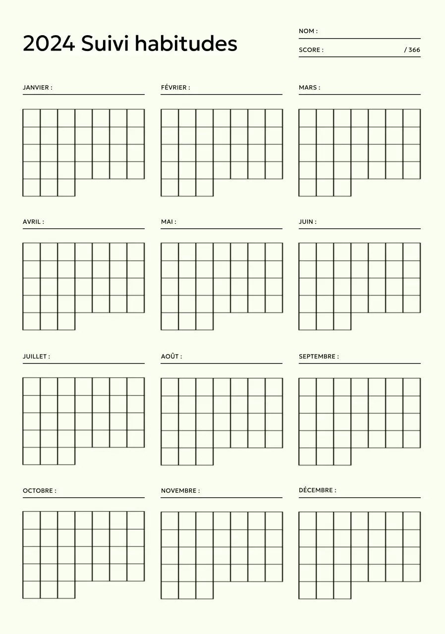 Concevoir un carnet de suivi annuel des habitudes que vous pouvez cocher chaque mois.
