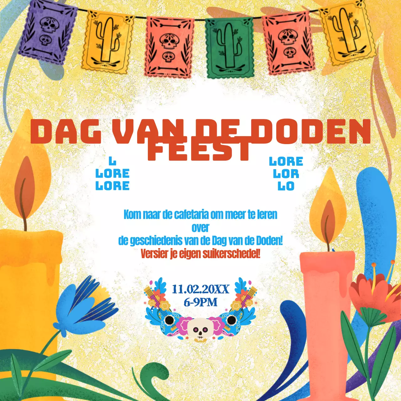 Gele en rode kitscherige aankondiging voor Day of the Dead feest