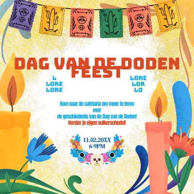 Gele en rode kitscherige aankondiging voor Day of the Dead feest