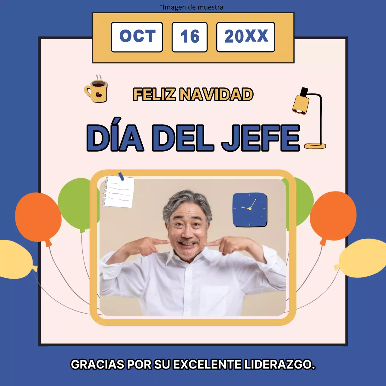 Sencillo aviso azul y amarillo de Feliz Día del Jefe