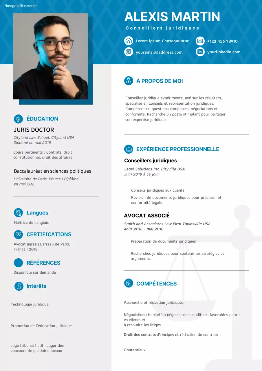 Curriculum vitae simple de conseiller juridique, blanc et gris