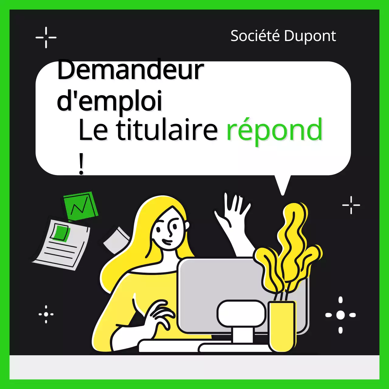 Informations sur l'entretien avec le titulaire dans le style branché du vert citron et du noir