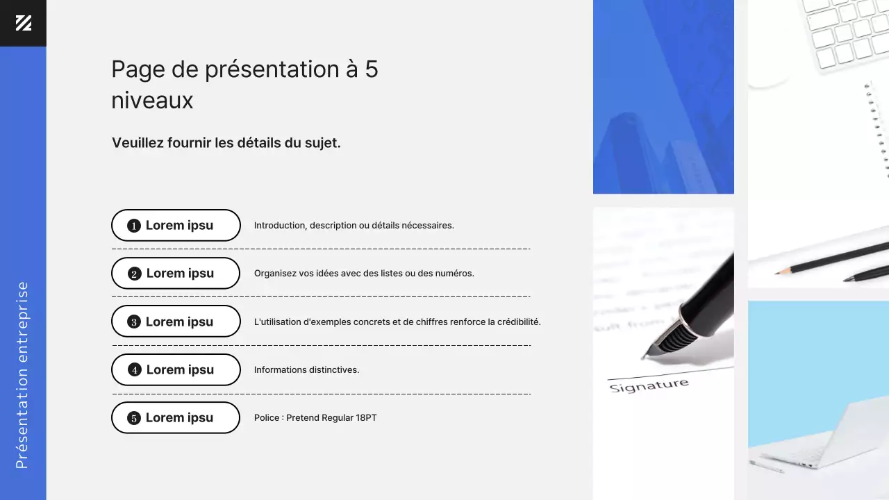 Présentation du document d'affaires d'une employée de bureau moderne en bleu