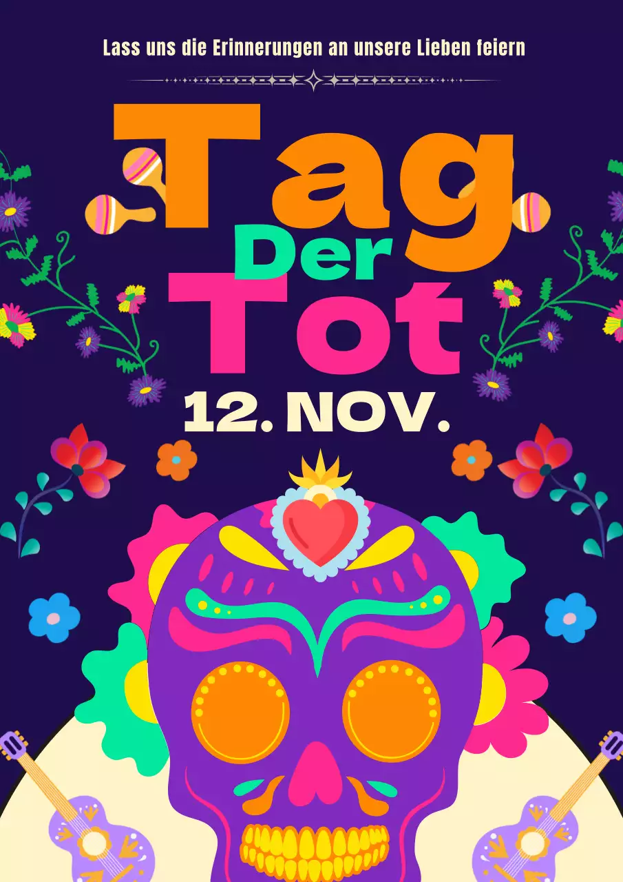 Marineblaue und lila Kitschwerbung zum Tag der Toten