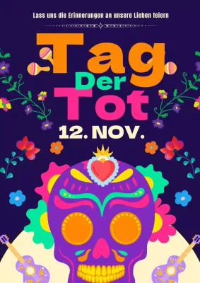 Marineblaue und lila Kitschwerbung zum Tag der Toten