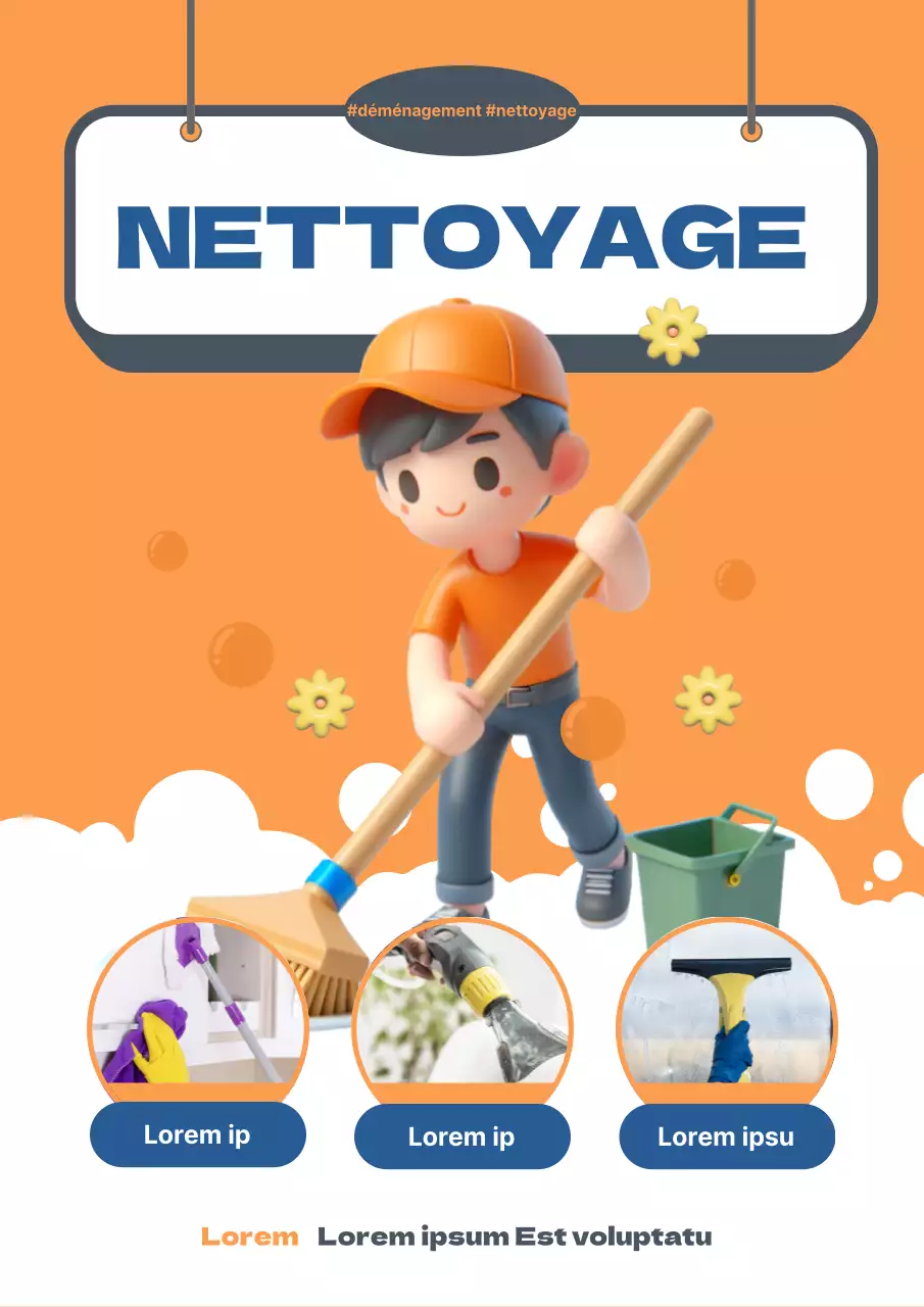 Une publicité moderne pour une entreprise de nettoyage en orange et bleu marine.