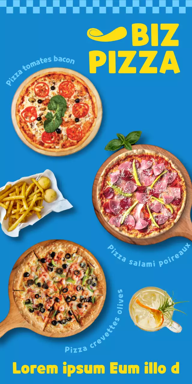 Panneau publicitaire bleu et jaune pour les pizzas