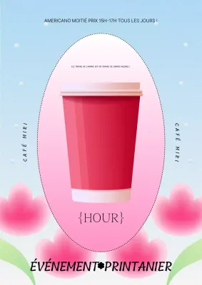 Promouvoir l'heure de l'apéritif dans un café avec des motifs géométriques roses et bleus clairs