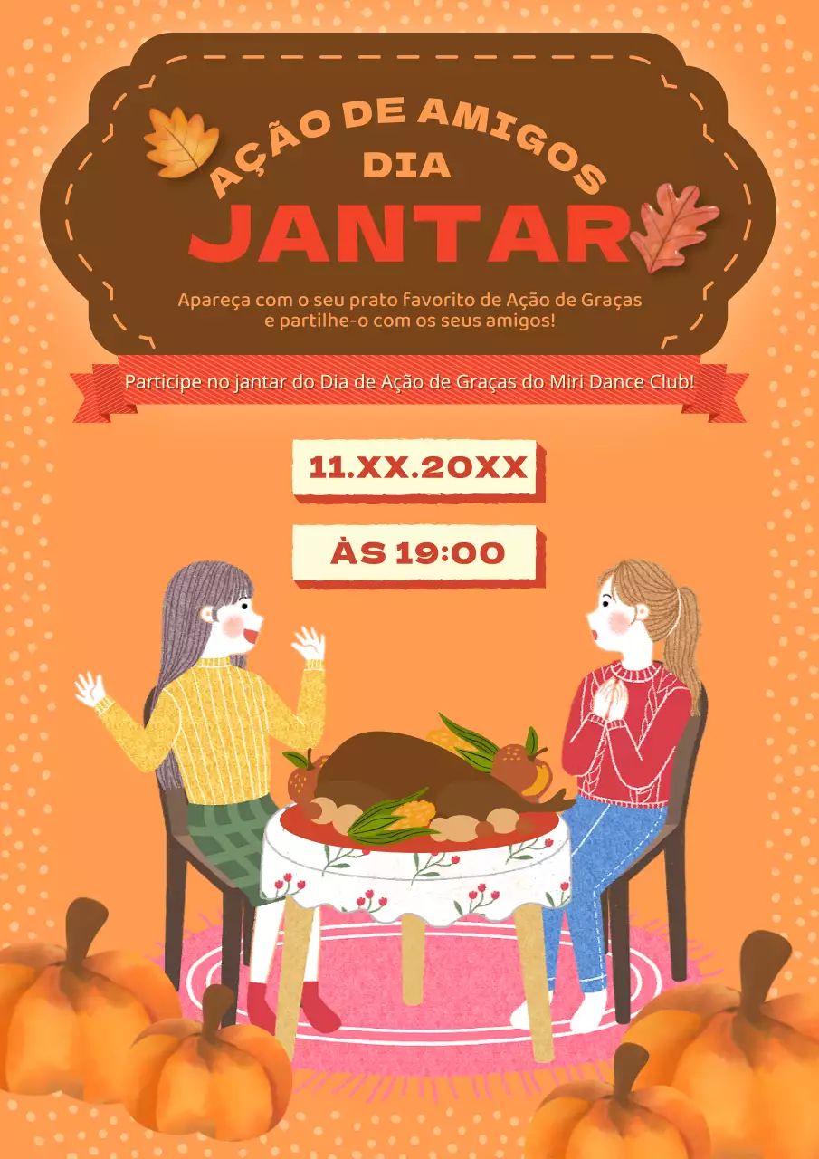 Convite para o Dia de Ação de Amigos laranja e castanho