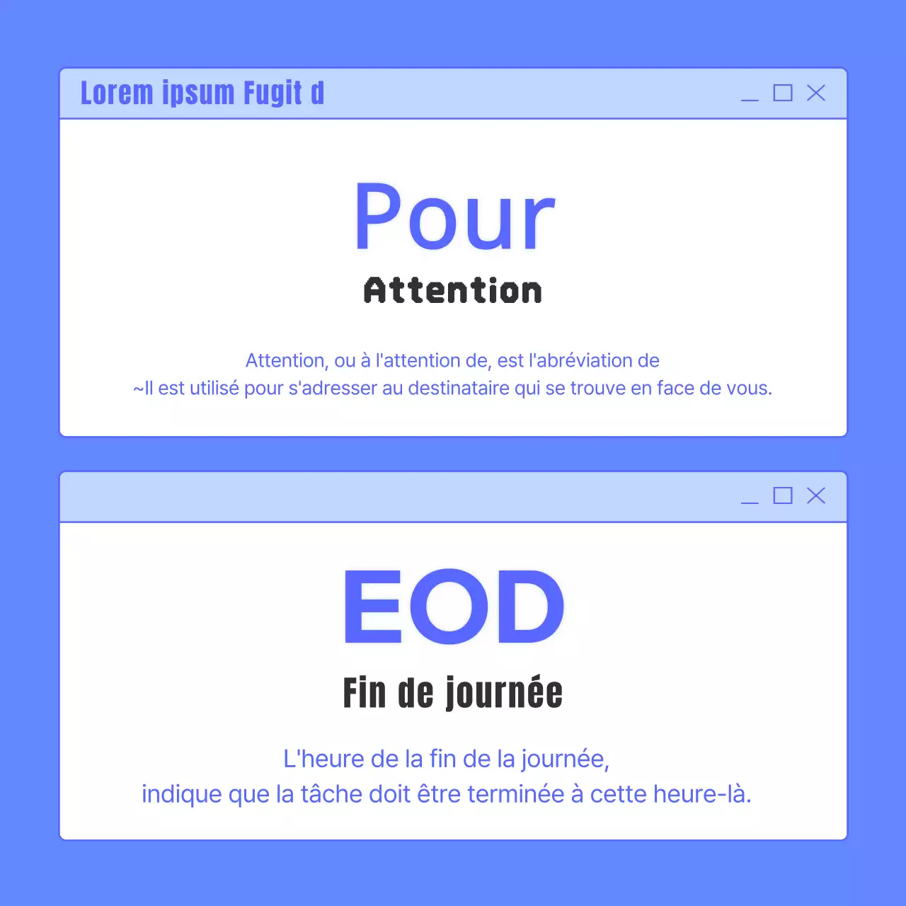 Un guide simple, bleu et bleu clair, des acronymes de l'email professionnel