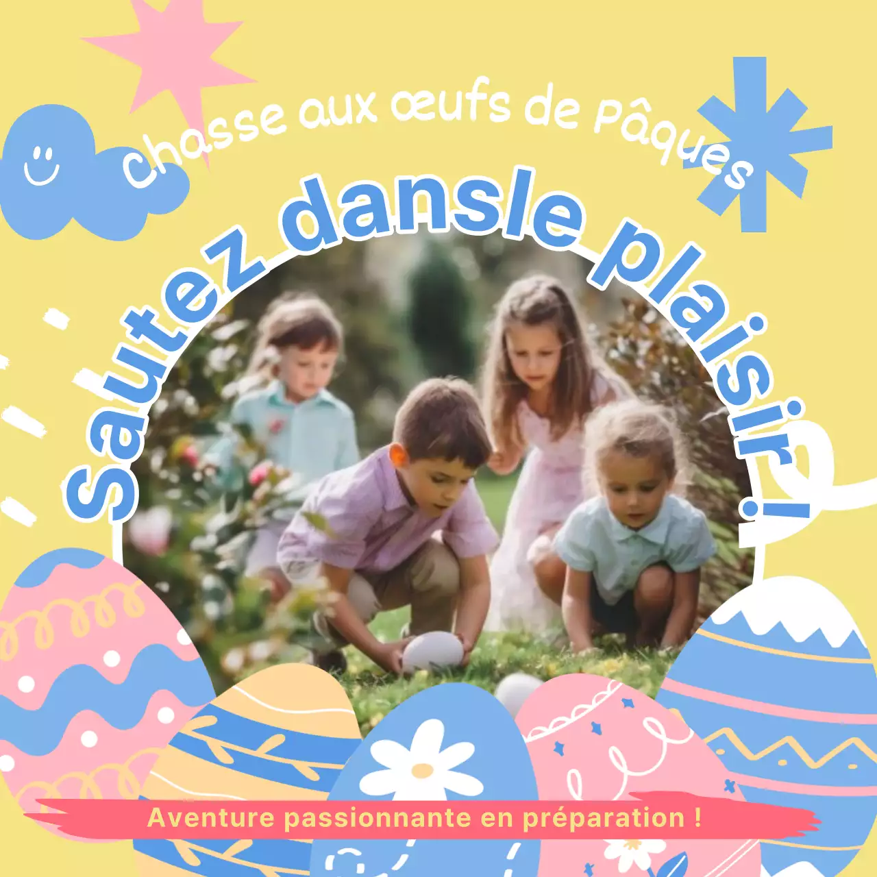 Promouvoir une chasse aux œufs de Pâques dans des tons pastel de rose et de bleu clair