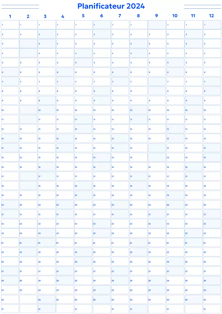 Un calendrier annuel simple dans un style gothique avec des carrés arrondis bleus