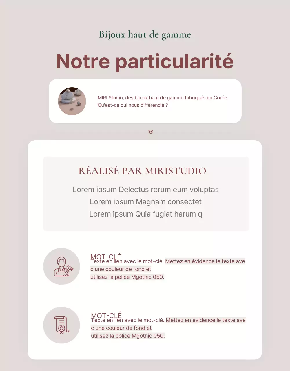 Une publicité vendant un lookbook d'accessoires de bijoux tendance en rose et marron.