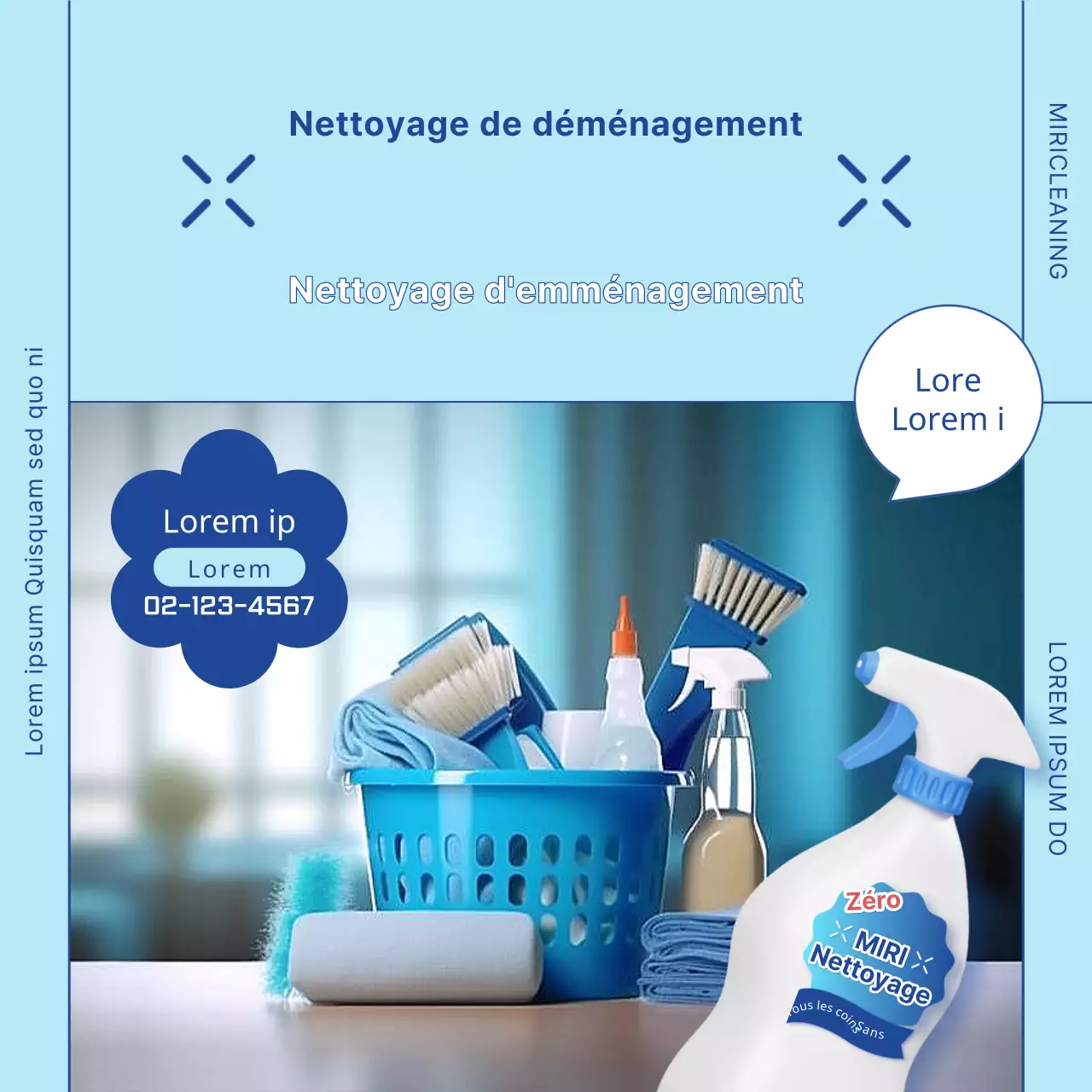 Faites la promotion de votre nettoyeur d'emménagement en bleu clair et blanc très tendance.