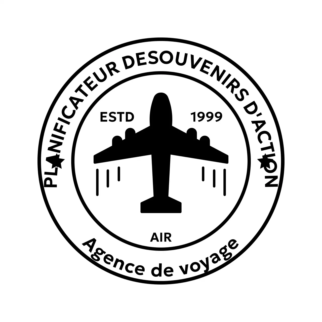 Logo de timbre à l'allure rétro avec un avion dessus