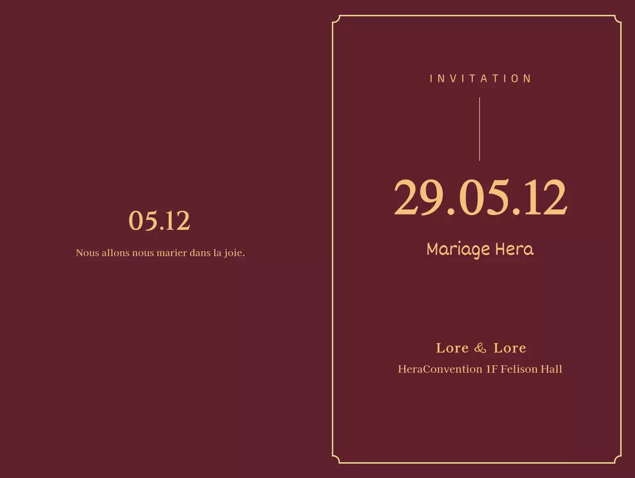 Invitation à un mariage avec de grandes lettres dorées et une date sur un fond de couleur vin.