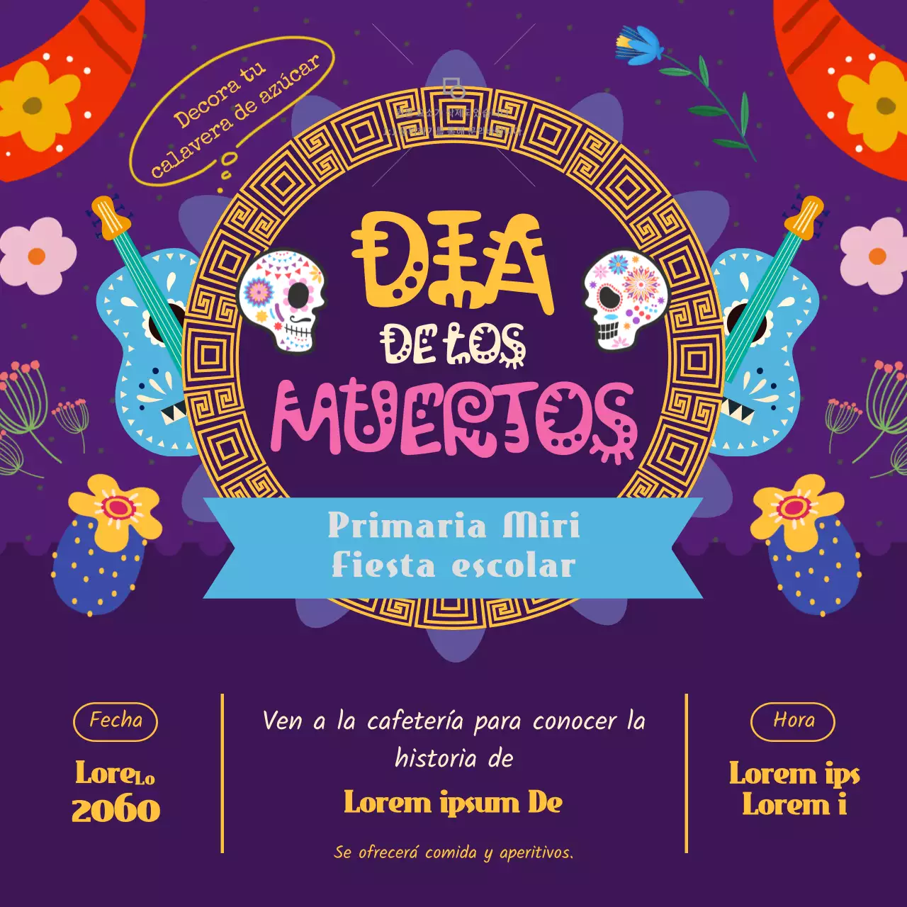 Anuncio kitsch morado y dorado del Día de los Muertos