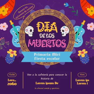 Anuncio kitsch morado y dorado del Día de los Muertos