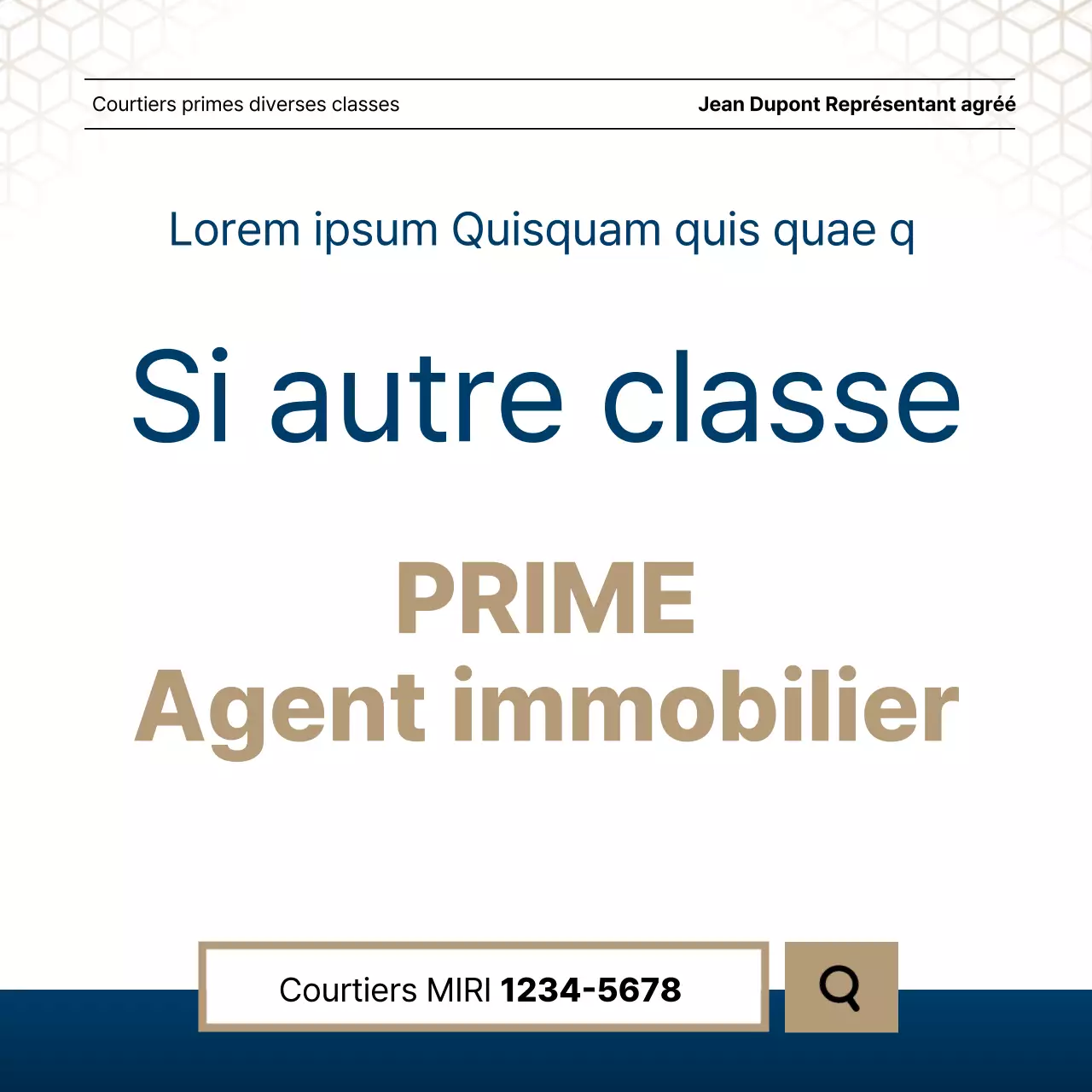 Liste luxueuse de biens immobiliers en bleu marine et or par un agent immobilier.