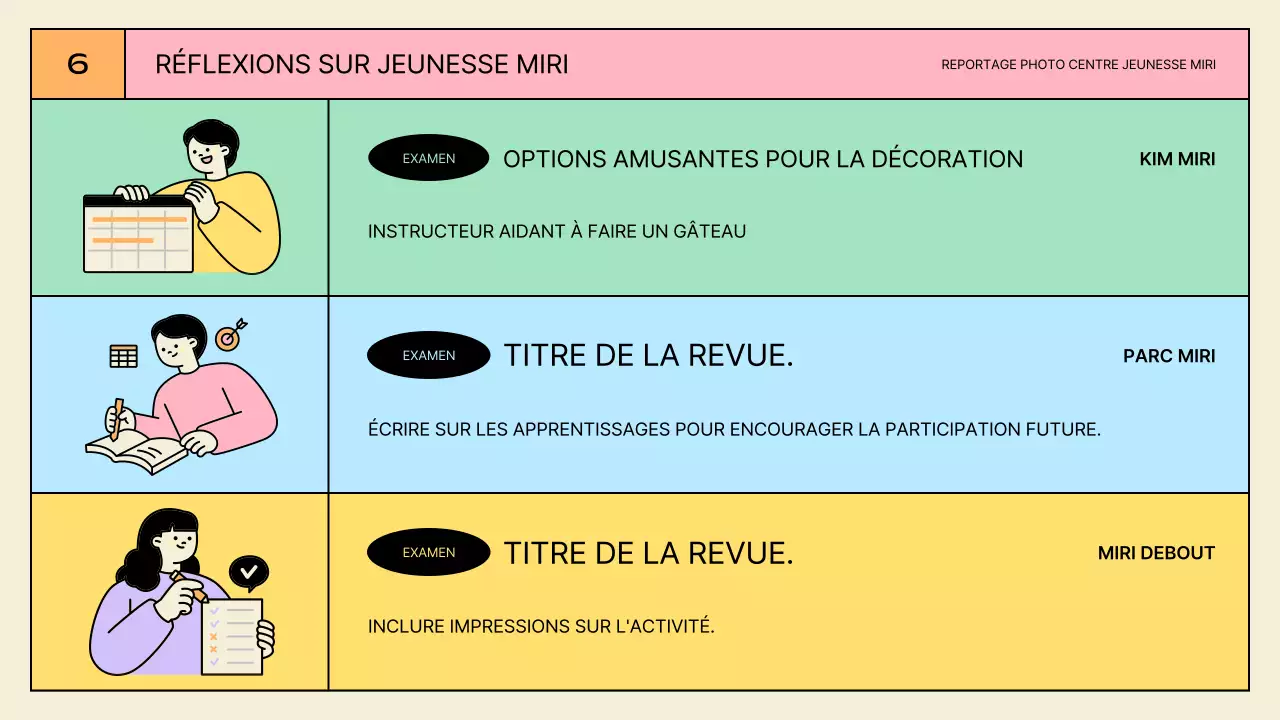 Présentations d'activités du centre de jeunesse jaune et menthe