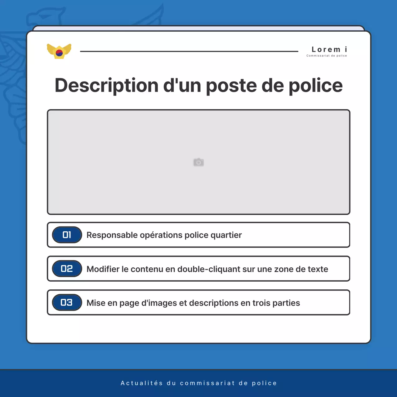 Affichage par défaut du bulletin d'information du poste de police en bleu et en bleu marine