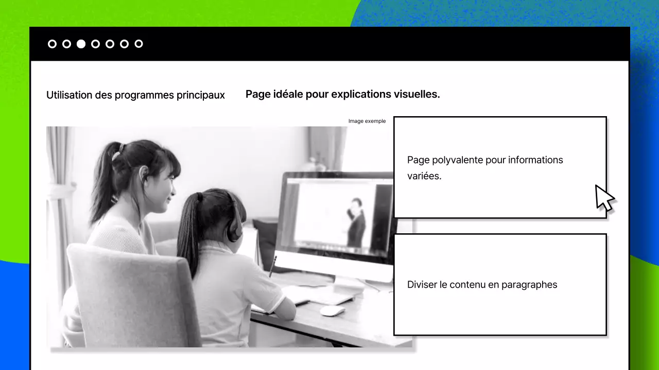 Une publication axée sur la photographie avec des touches de bleu et de chartreuse