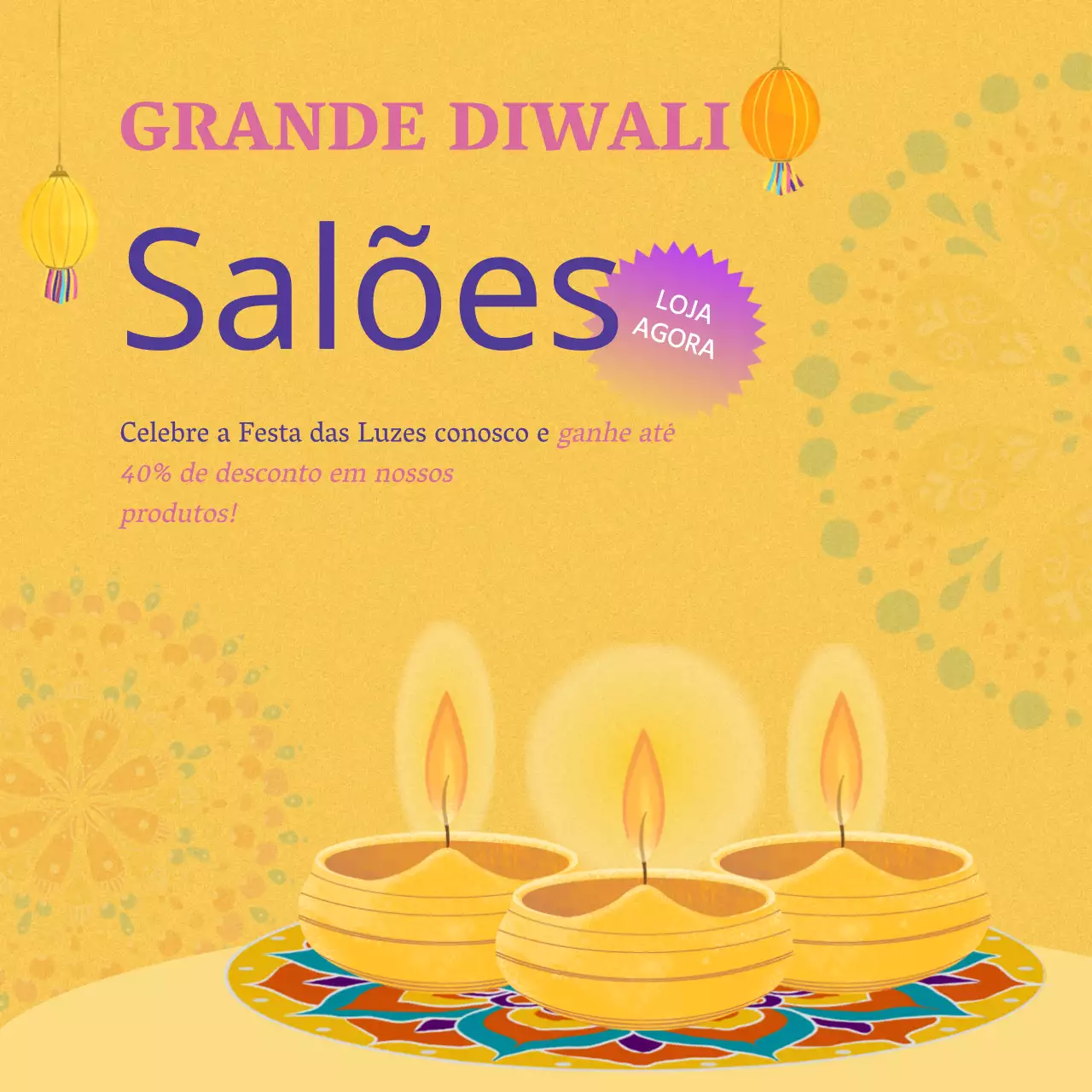 Promoção de vendas Diwali elegante em dourado e roxo