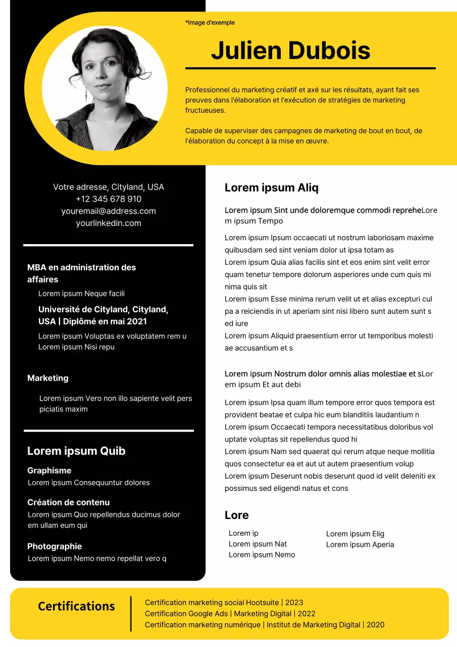 Curriculum vitae du directeur du marketing moderne, noir et jaune