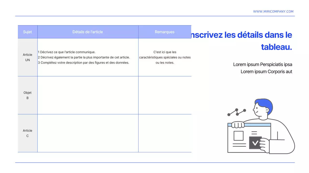 Un modèle simple de rapport d'organisation de l'information en bleu et blanc