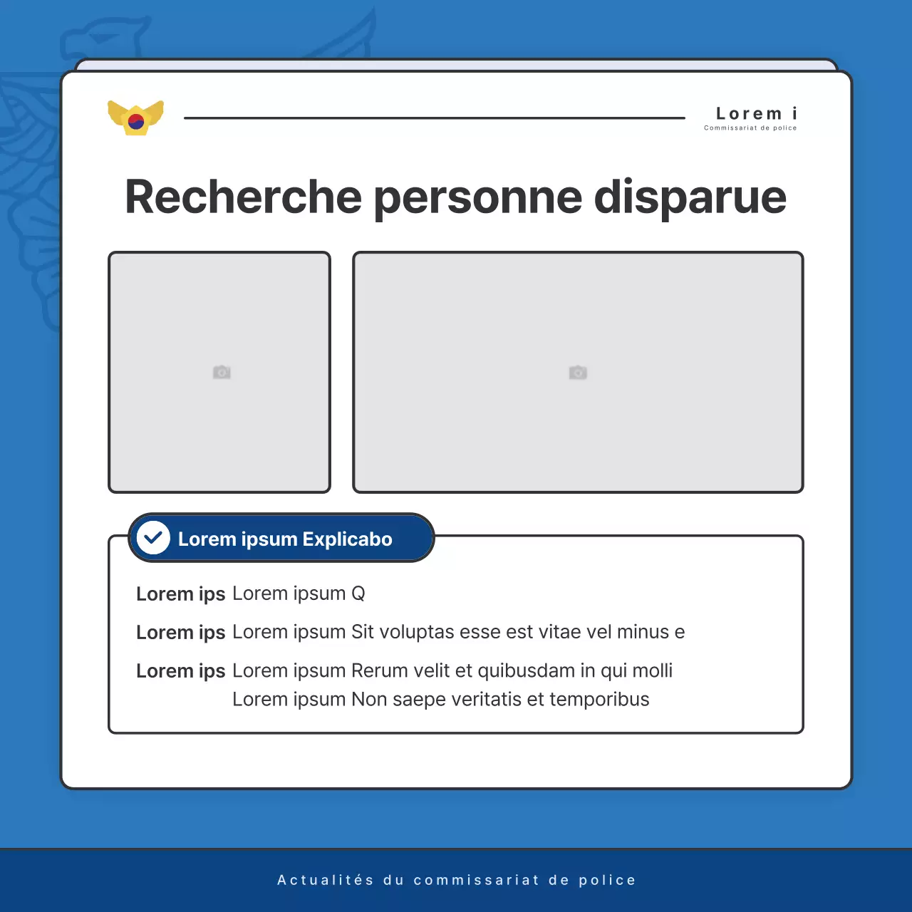 Affichage par défaut du bulletin d'information du poste de police en bleu et en bleu marine