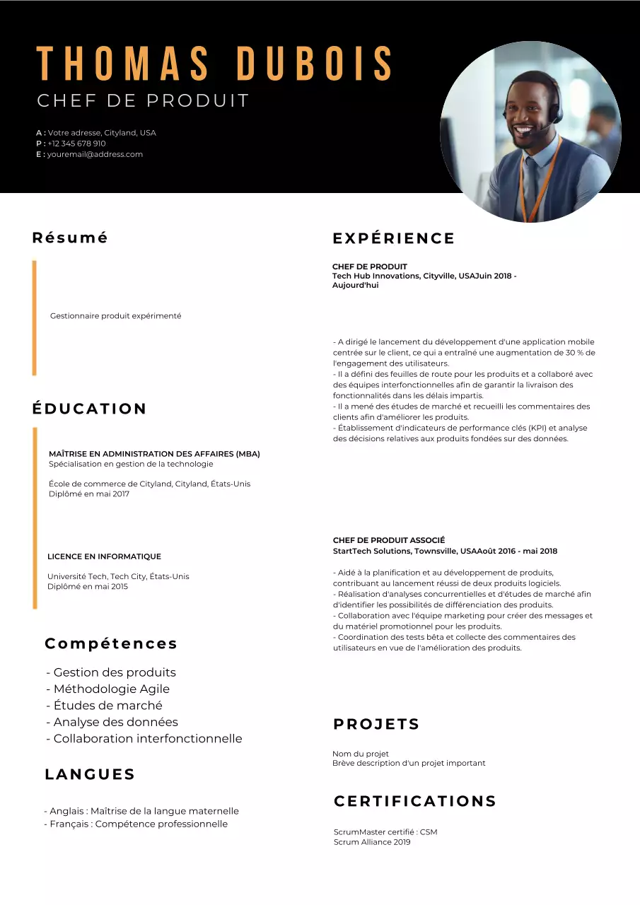 Curriculum vitae de base du chef de produit en noir et orange