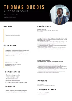 Curriculum vitae de base du chef de produit en noir et orange