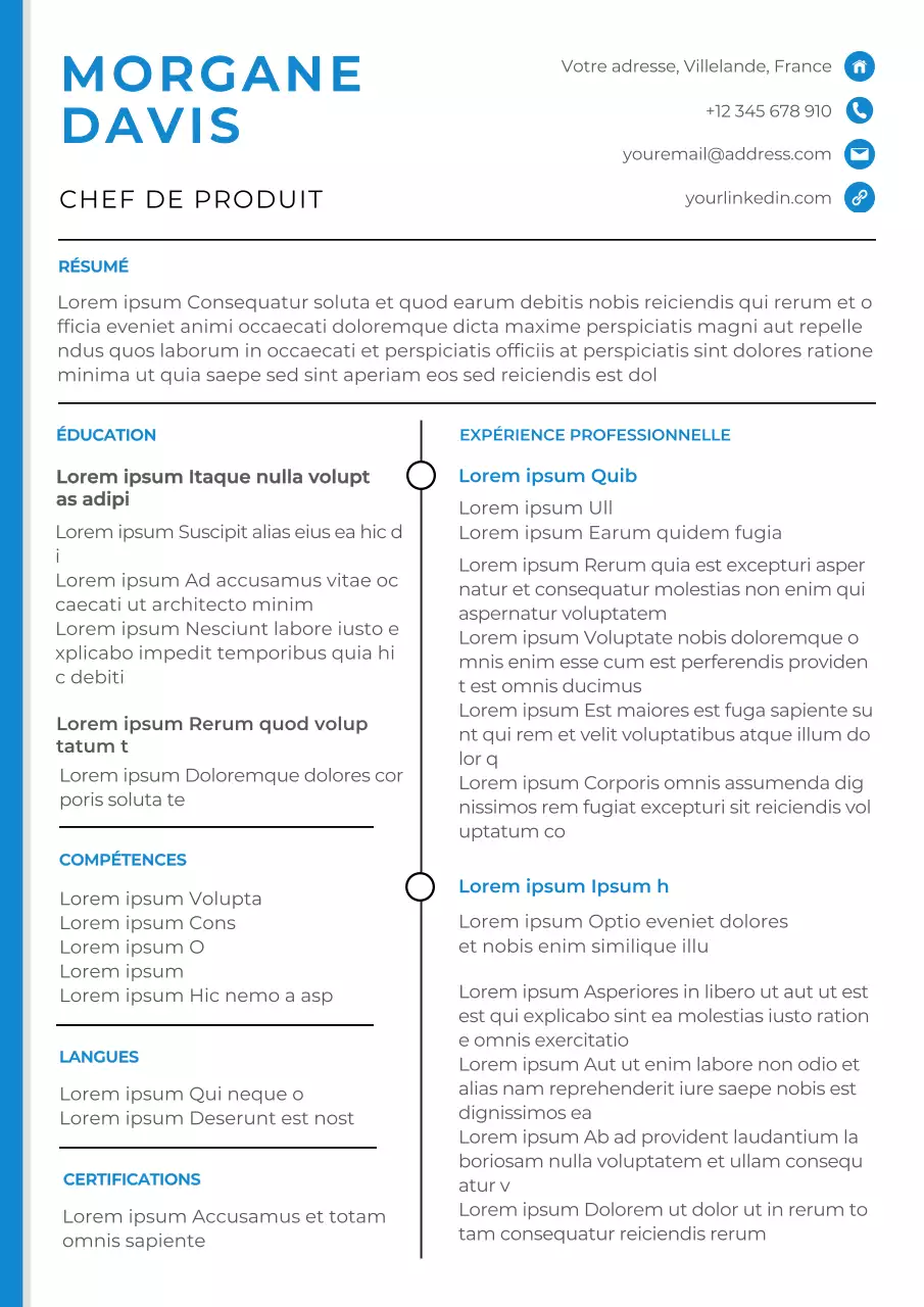 CV classique blanc et bleu du chef de produit