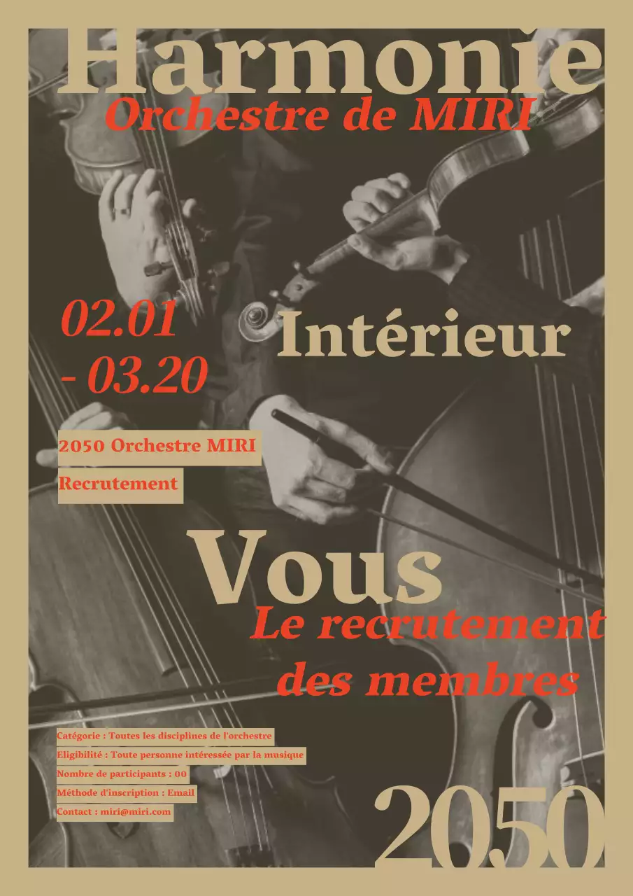 Un orchestre classique de couleur beige et rouge recherche des membres.