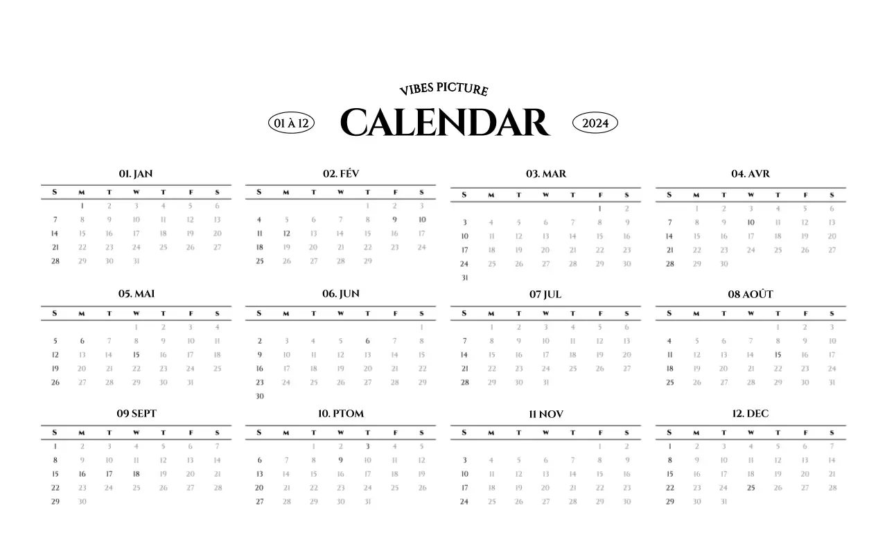Calendrier mural de style simple avec concept de photographie de voyage émotionnelle en noir et blanc