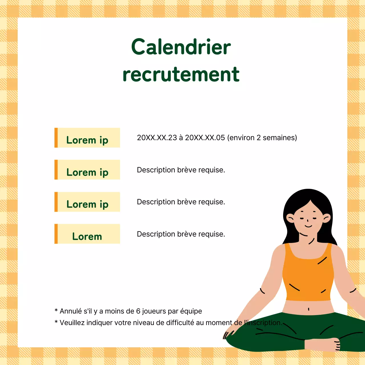 Un simple argumentaire orange et vert pour le recrutement d'une équipe de yoga